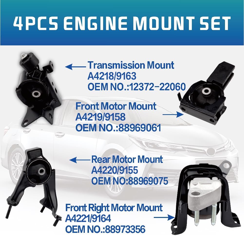 Engine Motor and Transmission Mount Kit Compatible with 2003-2008 Corolla 1.8L & 2003-2008 Matrix 1.8L & 2003-2008 Pontiac Vibe 1.8L Auto Transmission Repklace OE A4220 A4219 A4218 A4221 4pcs